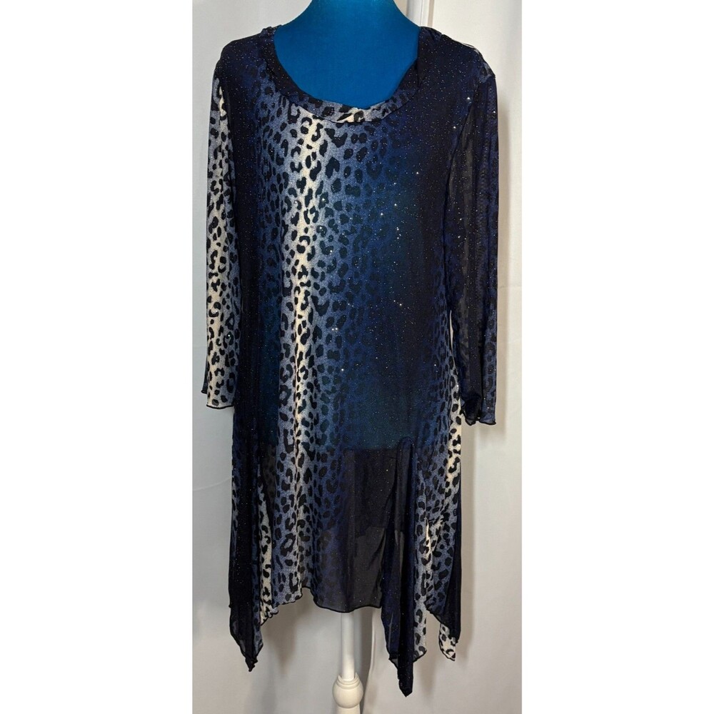 Glitterscape Navy Leopard Metallic Sheer Tunic Top Large Handkerchief Hem NWOT
